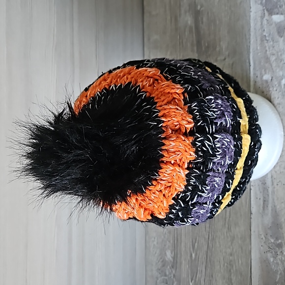 Cozy Zone Black Furball Beanie Pom Pom Colorful Stripes, O/S - Picture 4 of 9